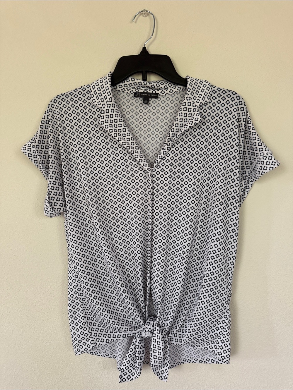 LOFT White & Navy Geometric Tie-Front Button Down Top